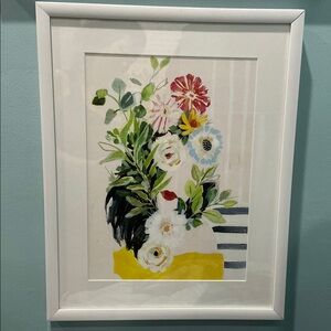 Modern Floral Art Print, obscuring woman's face, in White Frame.